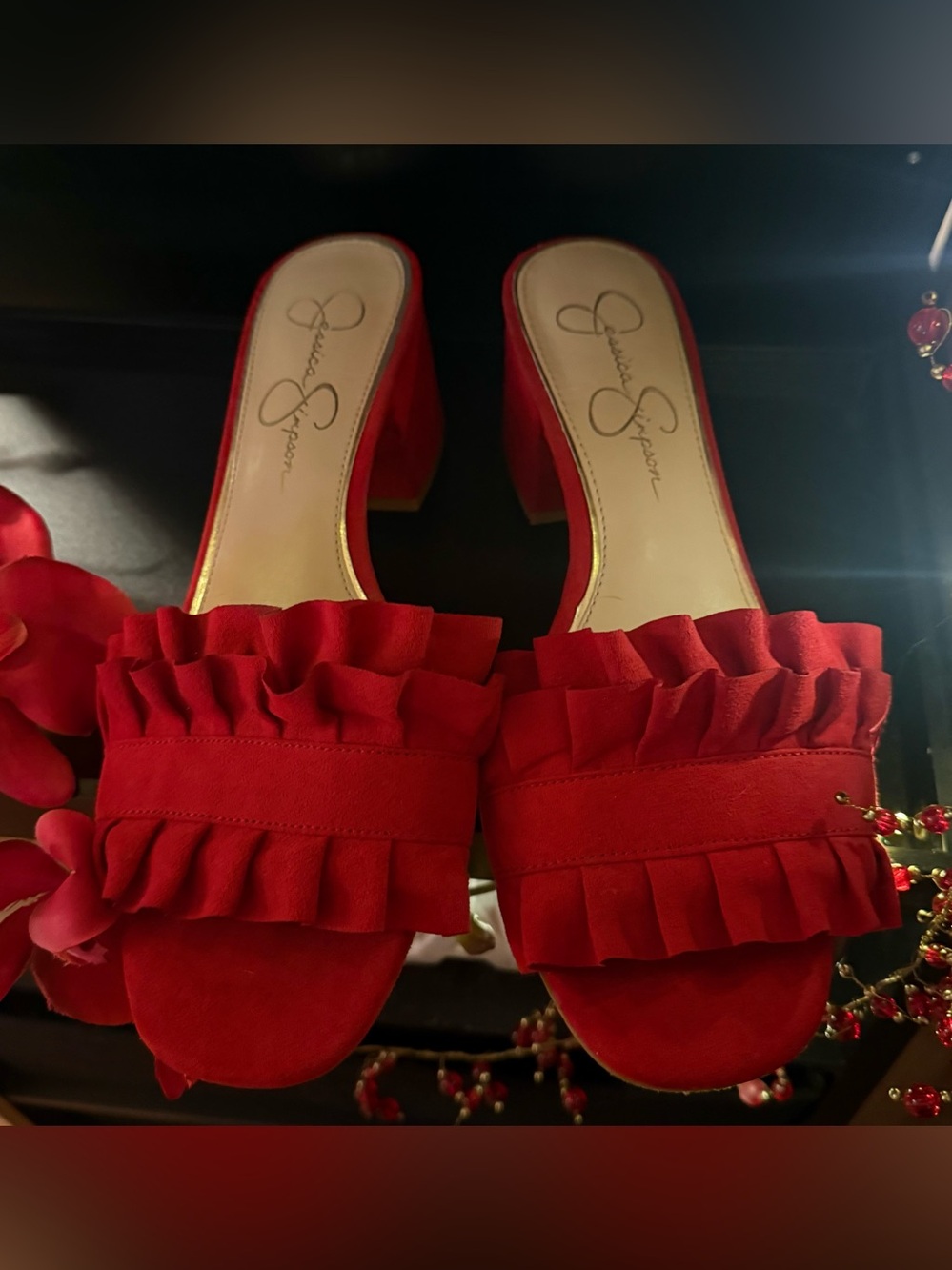Jessica Simpson Red Ruffle Block Heel Mules - Picture 2 of 5